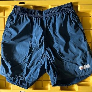 New Frontier Men's Navy Blue Athletic Shorts with Patch Logo